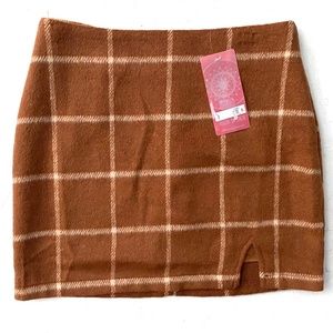 Fashion on Earth Camel Tan Plaid Soft Flannel Mini Skirt w/ Side Slit Small